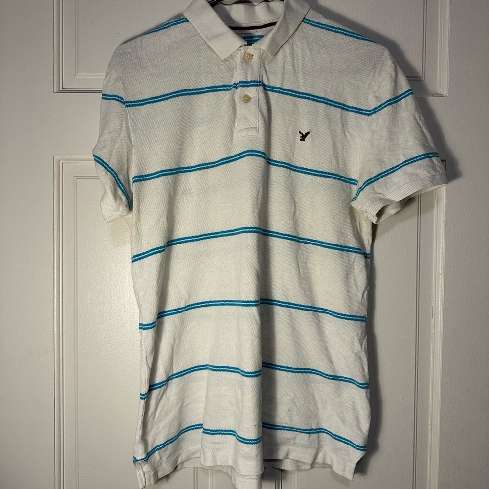 American Eagle White Polo Shirt with Blue Stripes
